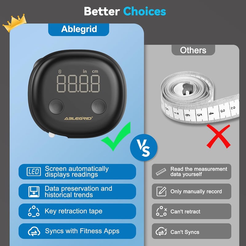 Ablegrid Smart Body Tape Measure,Rechargeable Body Measuring Tape with Fitdays APP,Accurate Retractable Digital Body Measurement Device Tool for Muscle Gain,Weight Loss,Fitness,Locking,60in/150cm - Image 2
